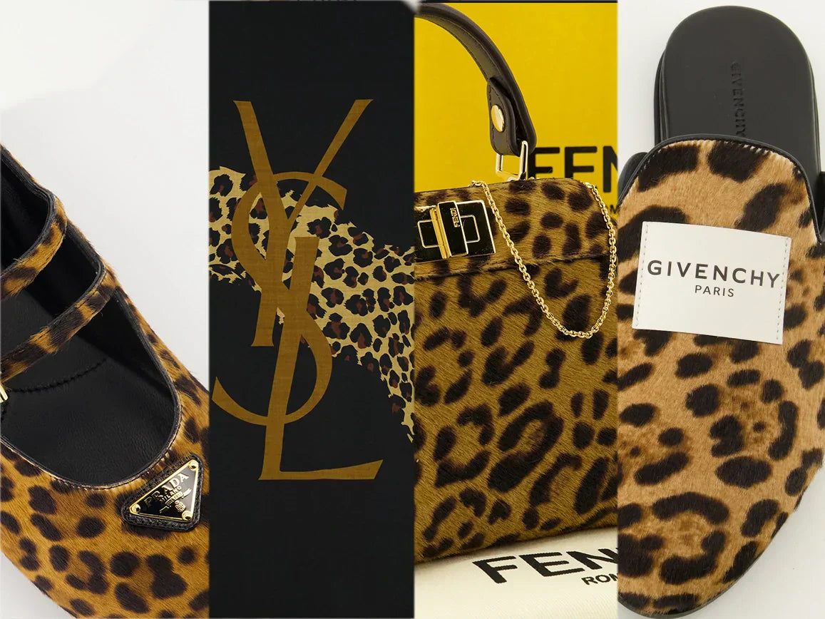 Sélection d’accessoires et chaussures léopard de luxe — escarpins Prada, sac Fendi, mules Givenchy et motif YSL, tendance imprimé animalier haut de gamme.