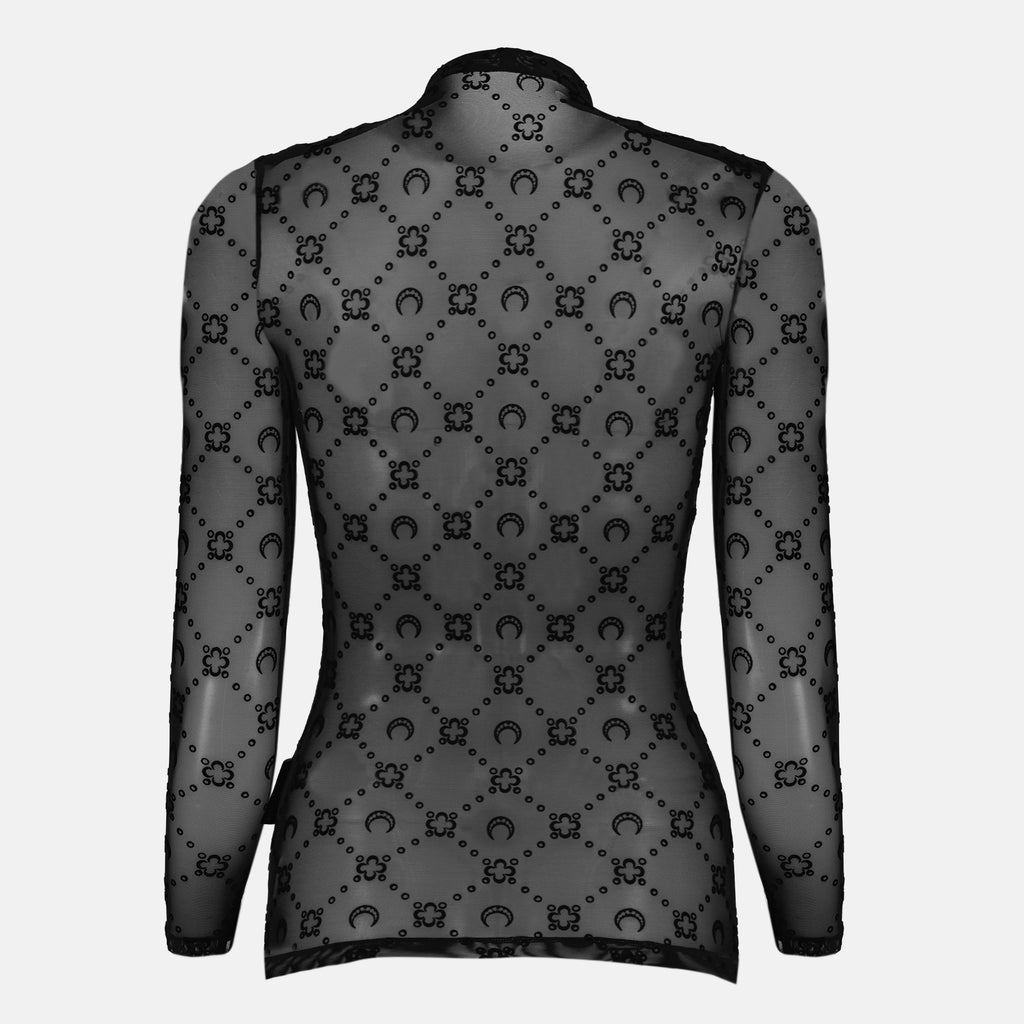 Bild des schwarzen Mesh-Monogramm-Tops von Marine Serre für Frauen - Herbst-Winter 2025 Saison - Rückansicht