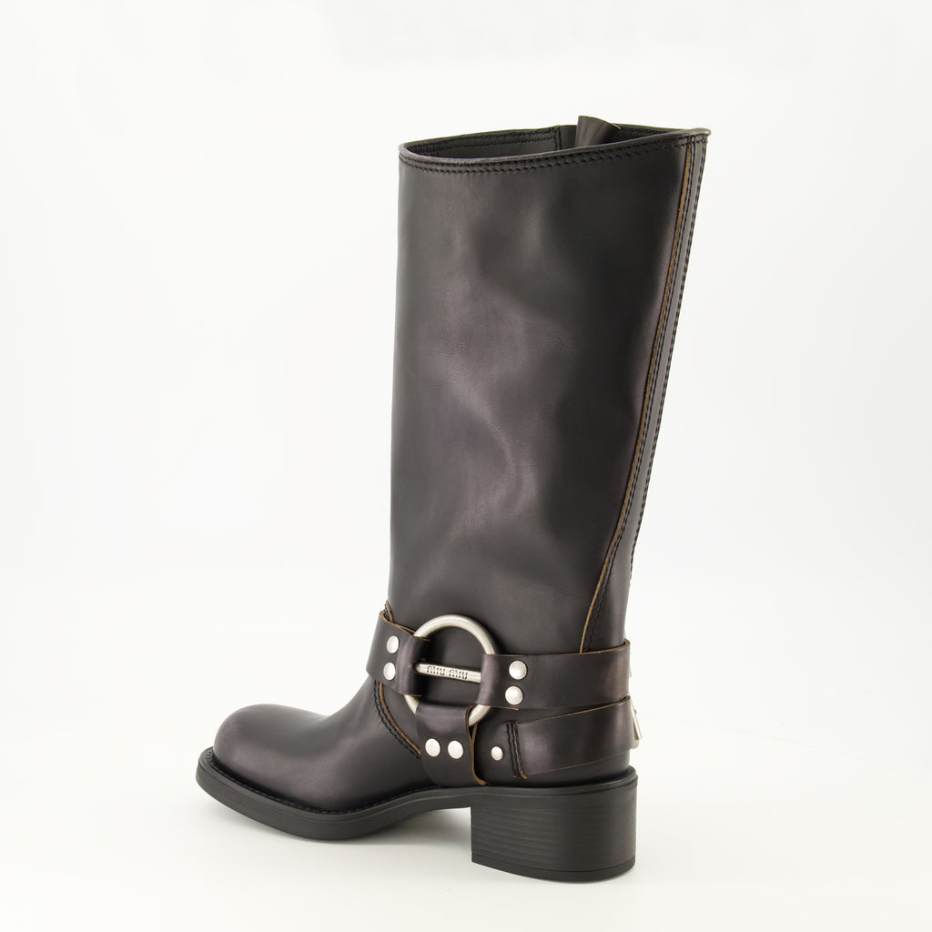 Bottes Stivali in Pelle Nera Miu Miu Noir Femme