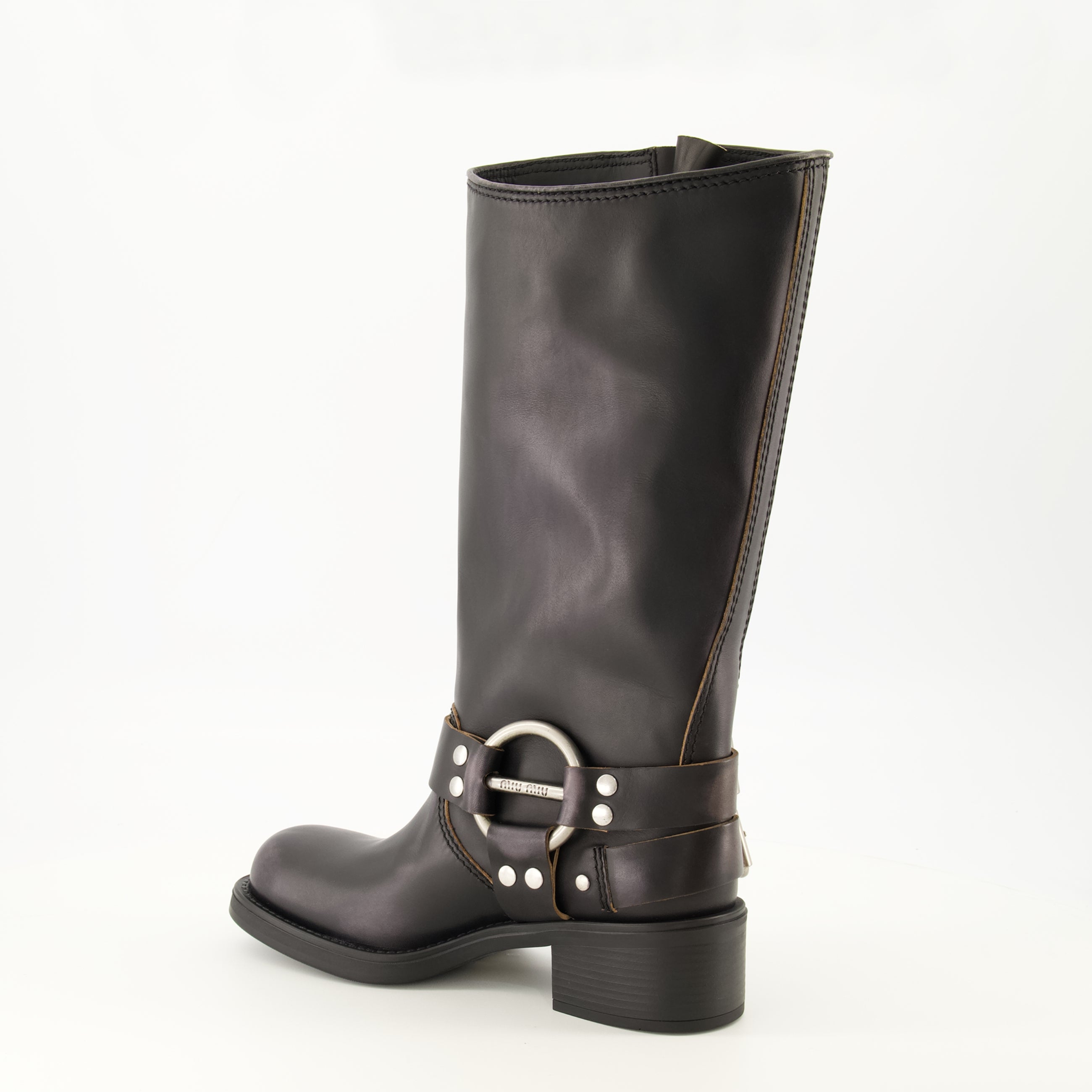 Bottes 검은 가죽 부츠 Miu Miu Noir Femme