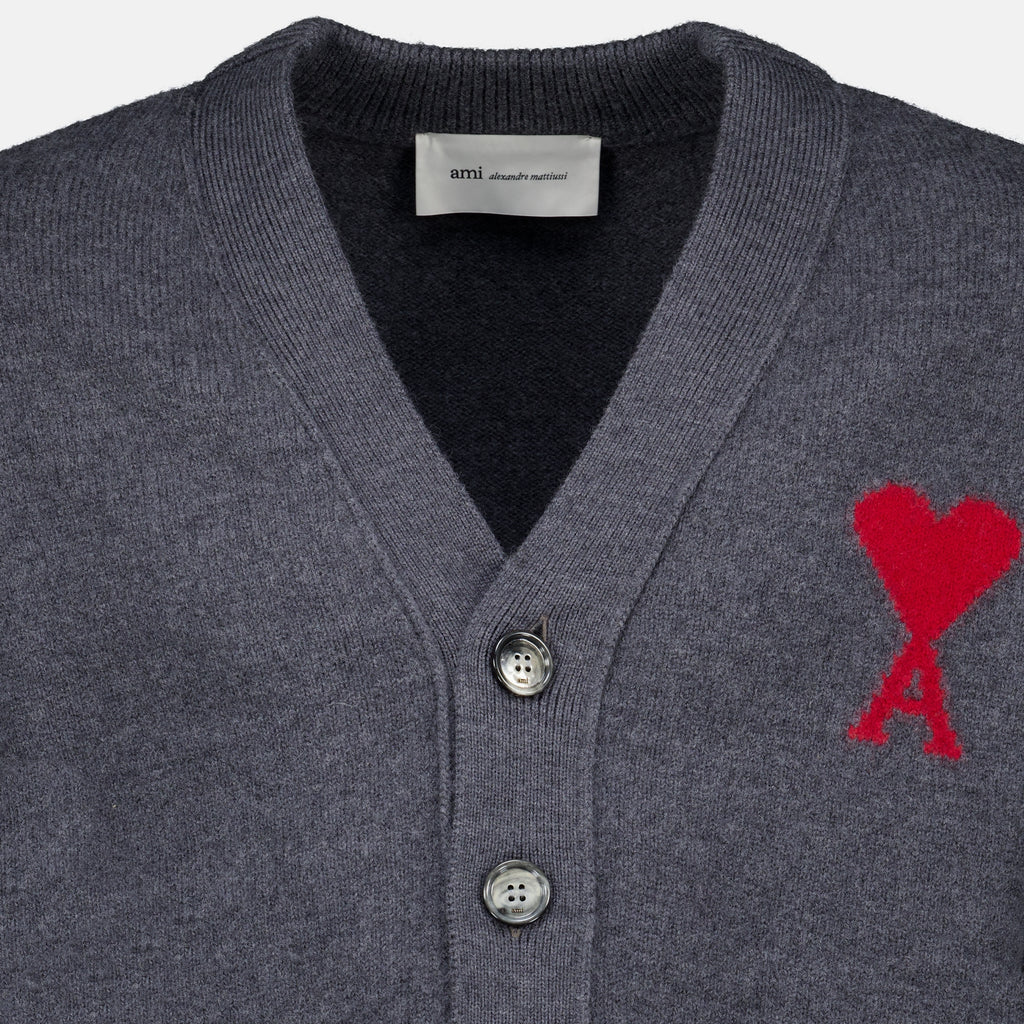 Maille AMI Herz Cardigan aus grauer Wolle Ami PARIS Gris Unisexe