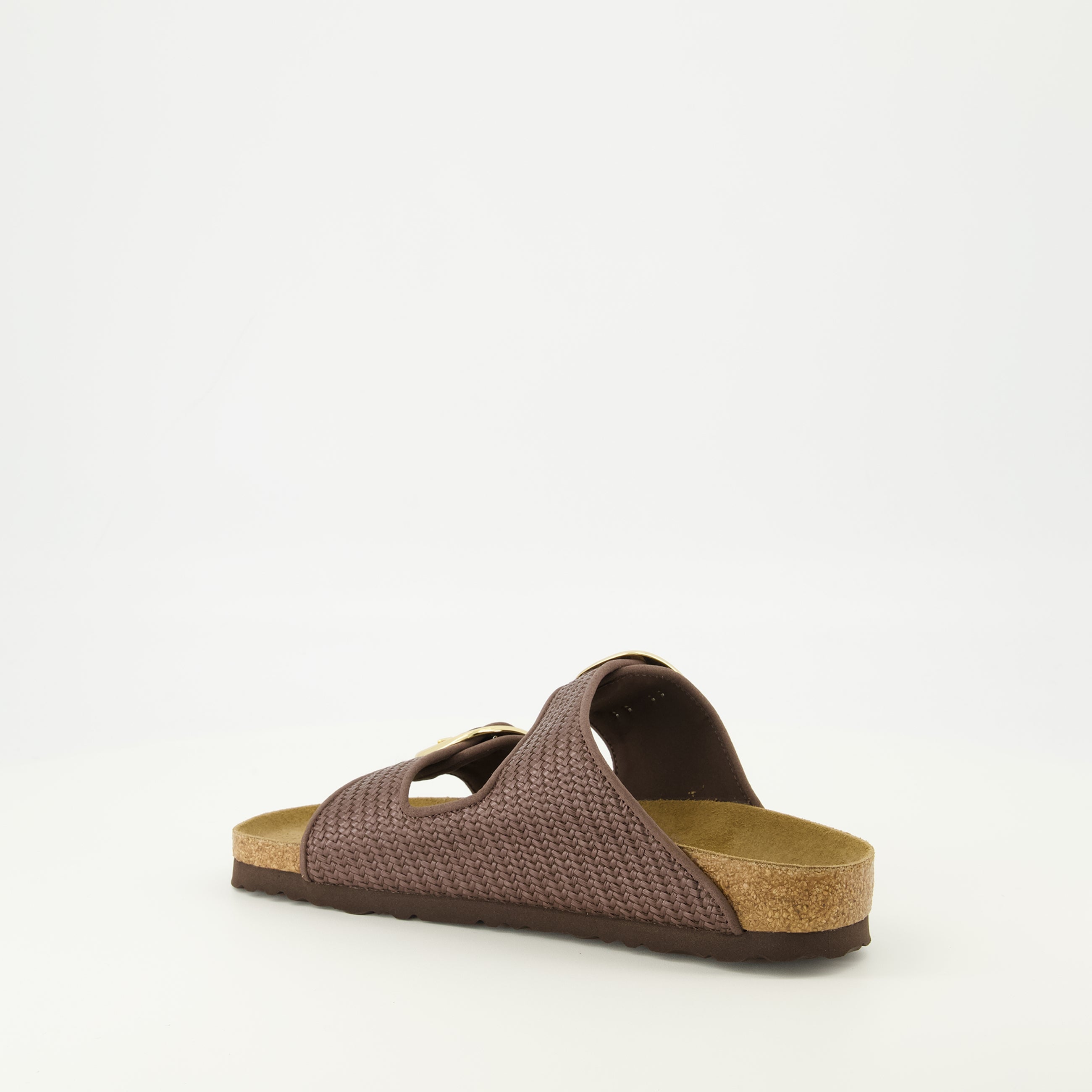 Image de l'article Sandales Arizona Big Buckle en raphia marron de la marque Birkenstock pour Femme - Saison Printemps-Été 2026 - Vue trois quarts arrière droite