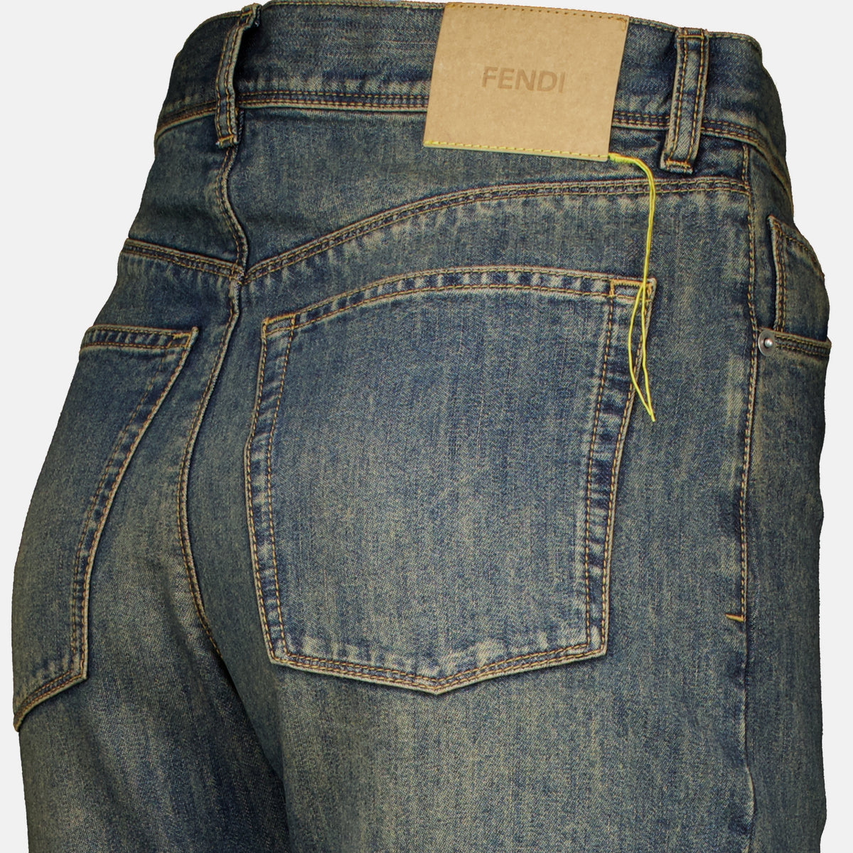 Pantalons Jean Straight com Costura Amarela em Contraste Fendi Bleu Femme