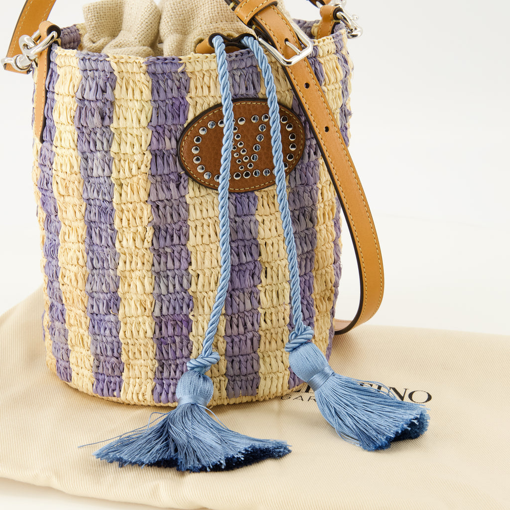 Sacs seau Petit sac seau en raphia à motif rayé bleu Valentino Garavani Bleu Femme