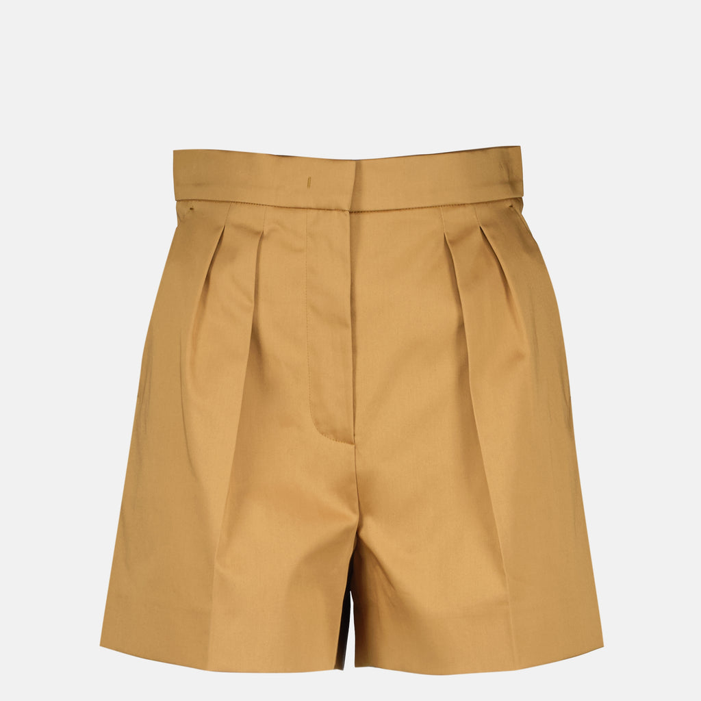 Image of the brown cotton satin shorts from the Max Mara brand for Women - Spring-Summer 2026 - Front View