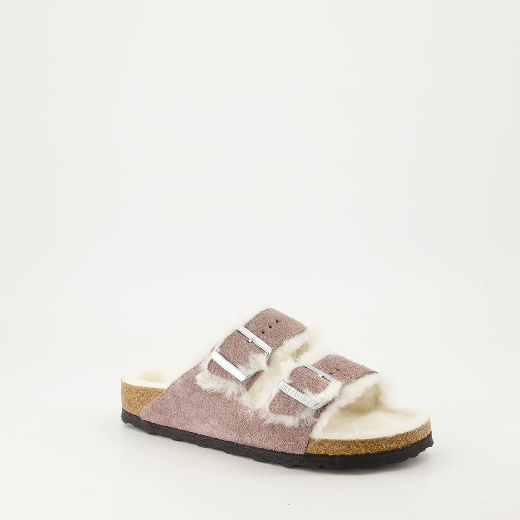 Zapatos abiertos Pantuflas de Piel de Cordero Arizona Birkenstock Púrpura Femme