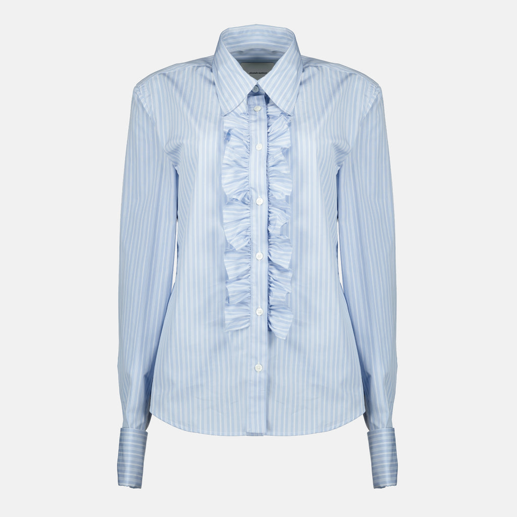 Bild des taillierten blauen Jabot-Shirts der Marke Ami PARIS für Damen - Frühjahr-Sommer 2026 - Frontalansicht