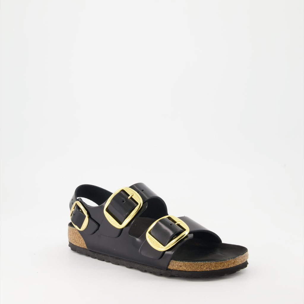 オープントゥシューズ ミラノ ビッグバックル サンダル Birkenstock 黒 Femme