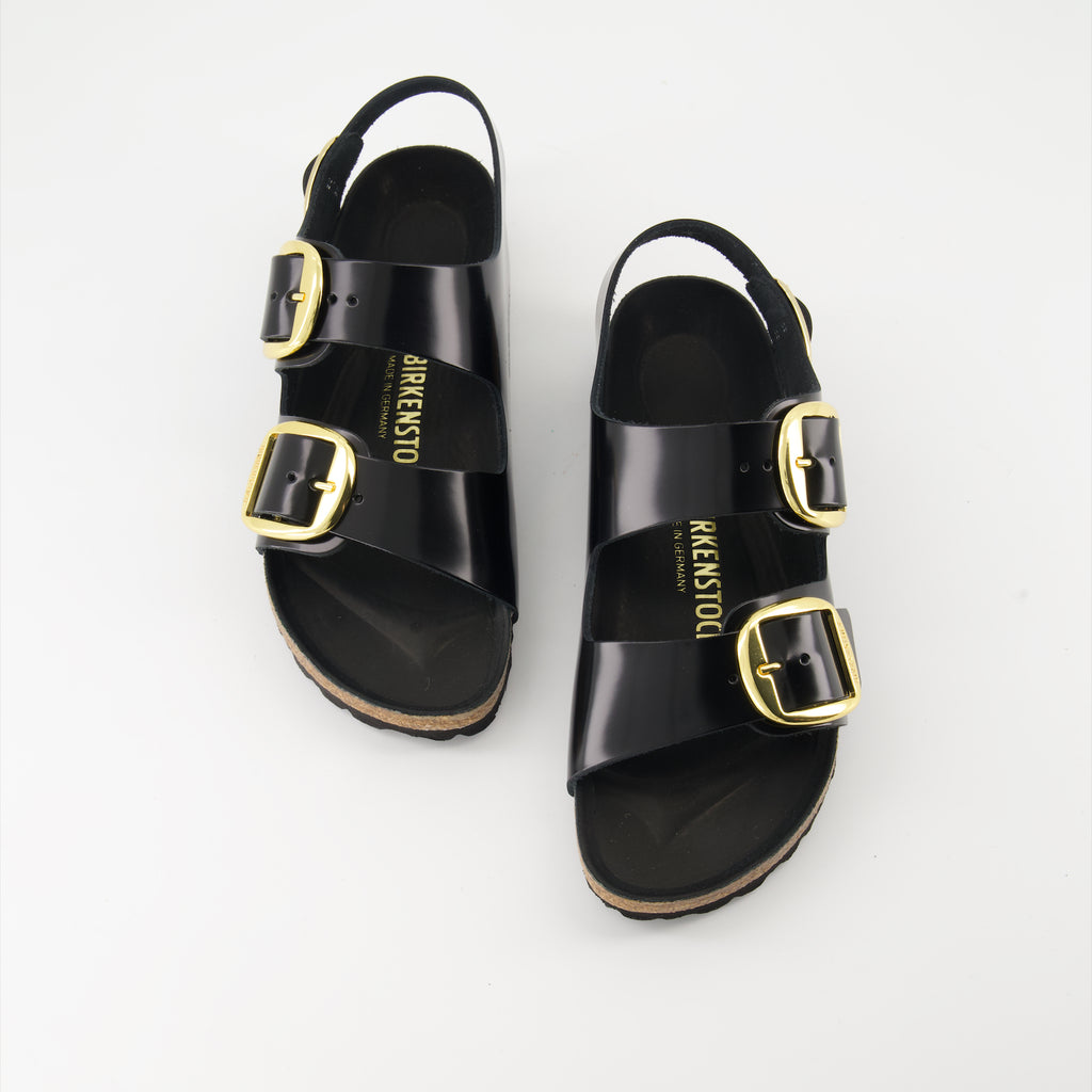 オープントゥシューズ ミラノ ビッグバックル サンダル Birkenstock 黒 Femme
