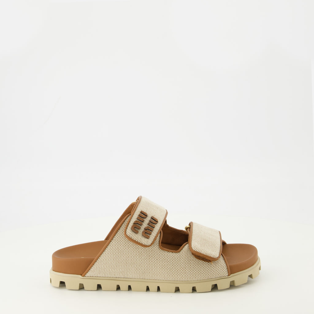 Image of the Miu Miu Beige Canvas Mules for Women - Spring-Summer 2026 - Right Side View
