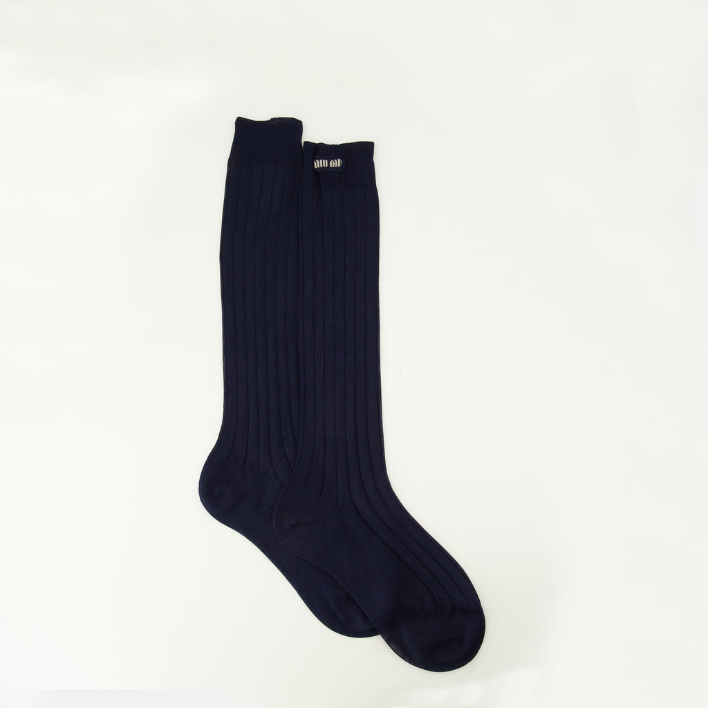 Image of the Miu Miu Women's Navy Blue Silk Socks - Spring-Summer 2026 - Front View