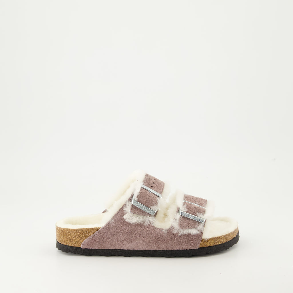 Zapatos abiertos Pantuflas de Piel de Cordero Arizona Birkenstock Púrpura Femme