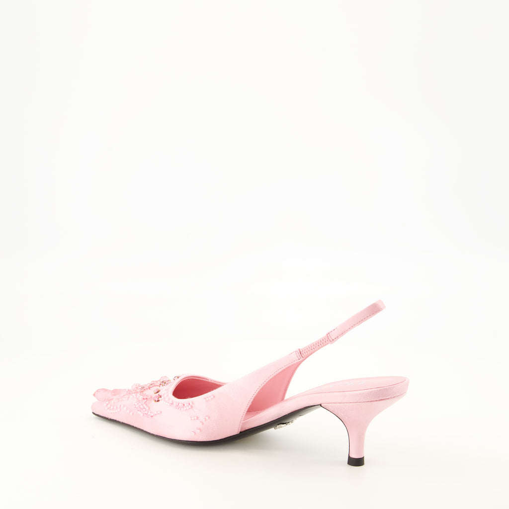 Escarpins Salto Bebé de Seda Bordado Rosa Prada Rose Femme