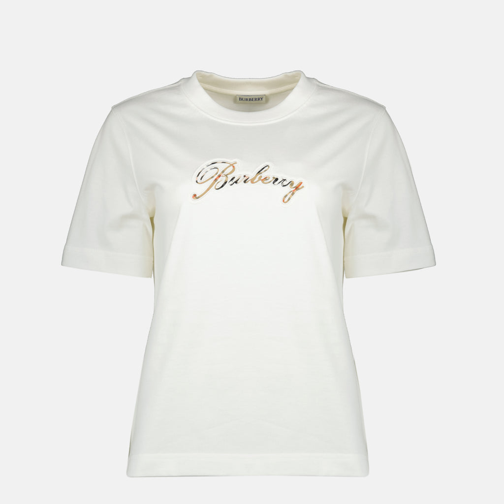 버버리 여성용 체크 로고 화이트 티셔츠 이미지 - 2026년 봄여름 - 앞쪽 보기