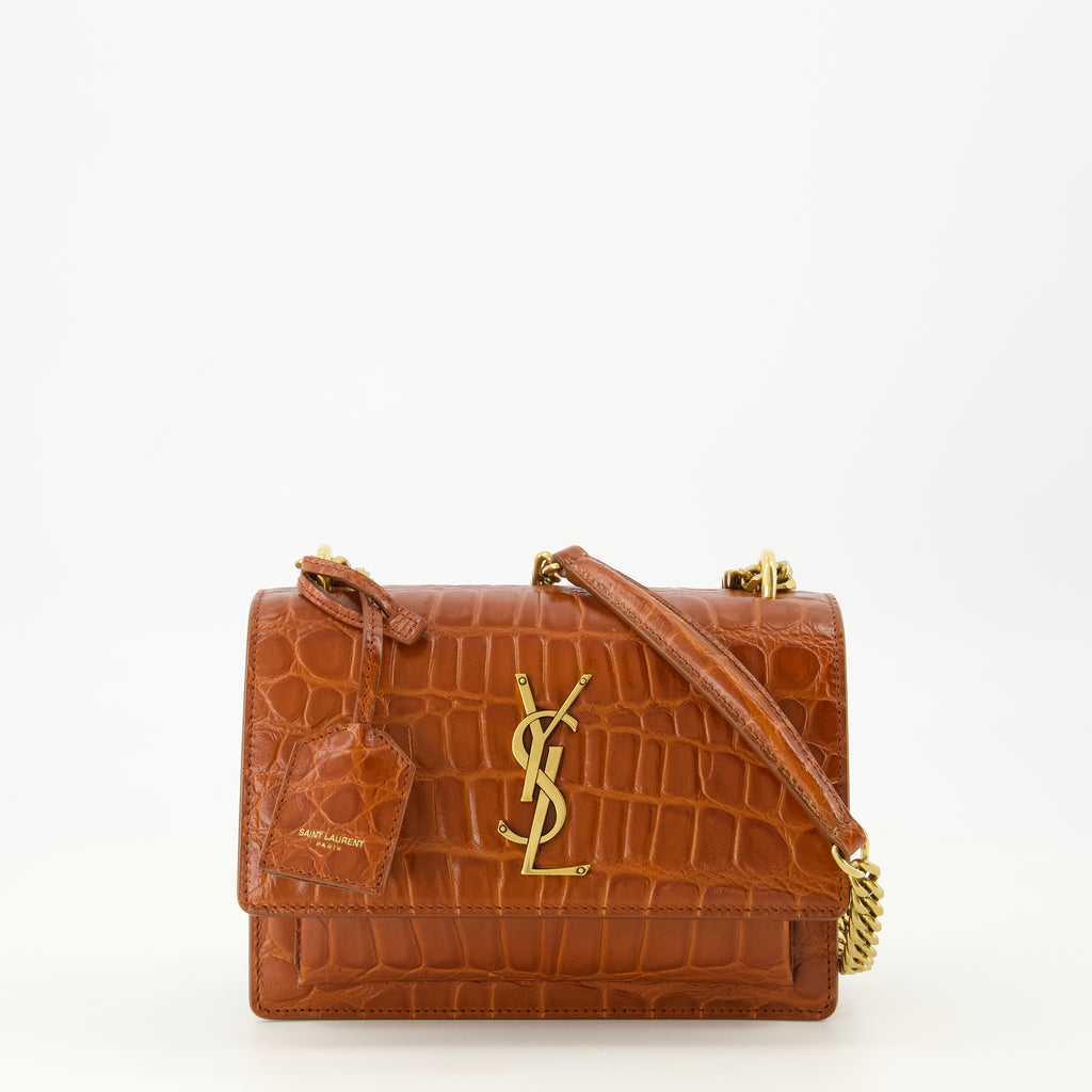 Image de l'article Sac Sunset small effet crocro marron de la marque Saint Laurent pour Femme - Saison Printemps-Été 2026 - Vue de Face