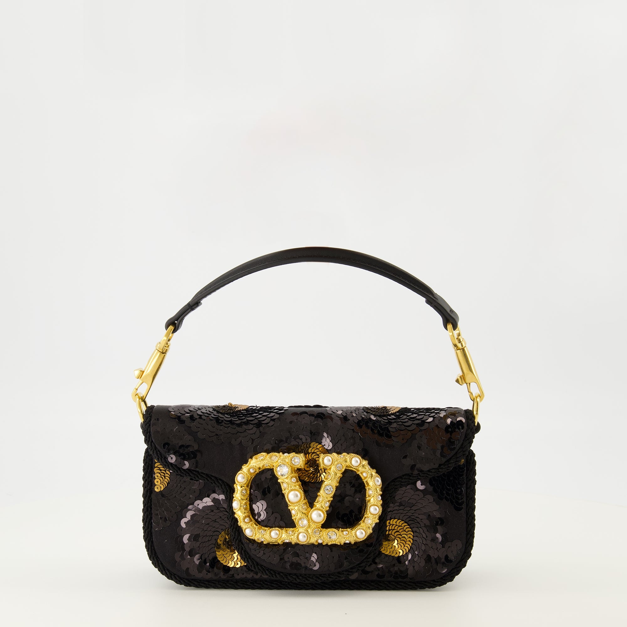 Image of the Valentino Garavani Women's Small Locò Black Sequin Bag - Autumn-Winter 2025 - Front View