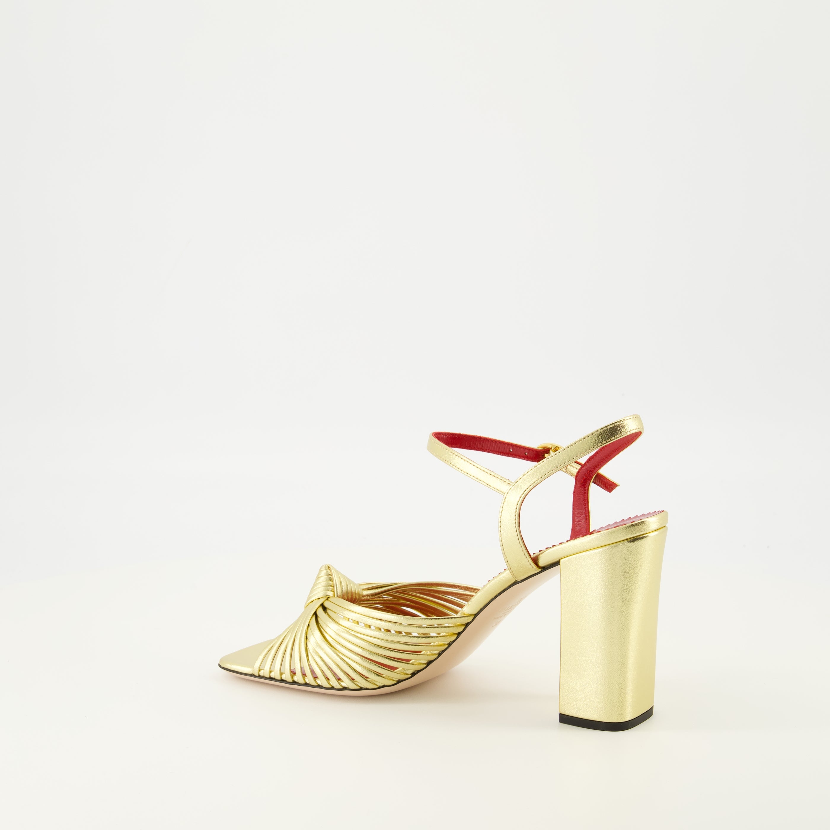 Image of the Annet heeled sandals in gold lamé by Valentino Garavani for Women - Spring-Summer 2026 - Three-quarter back right view