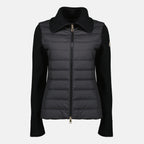 여성용 Moncler 브랜드의 검은색 이중 소재 카디건 이미지 - 2026 봄 여름 시즌 - 앞면 보기