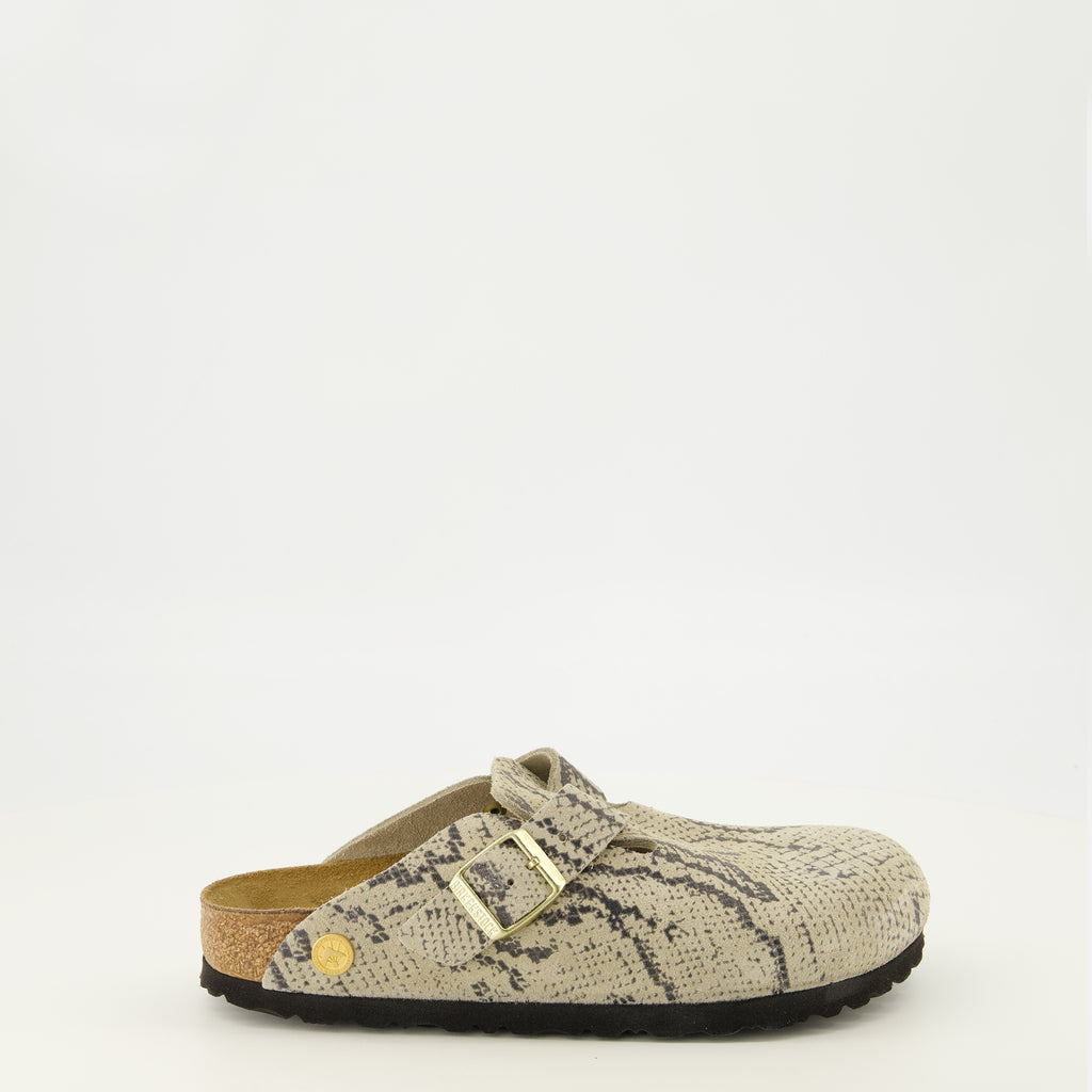 Chaussures ouvertes Mules Boston à motif serpent Birkenstock Beige Femme