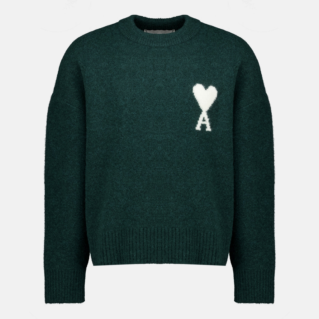 Maille Maglione AMI Cuore Verde in Alpaca Ami PARIS Vert Unisexe