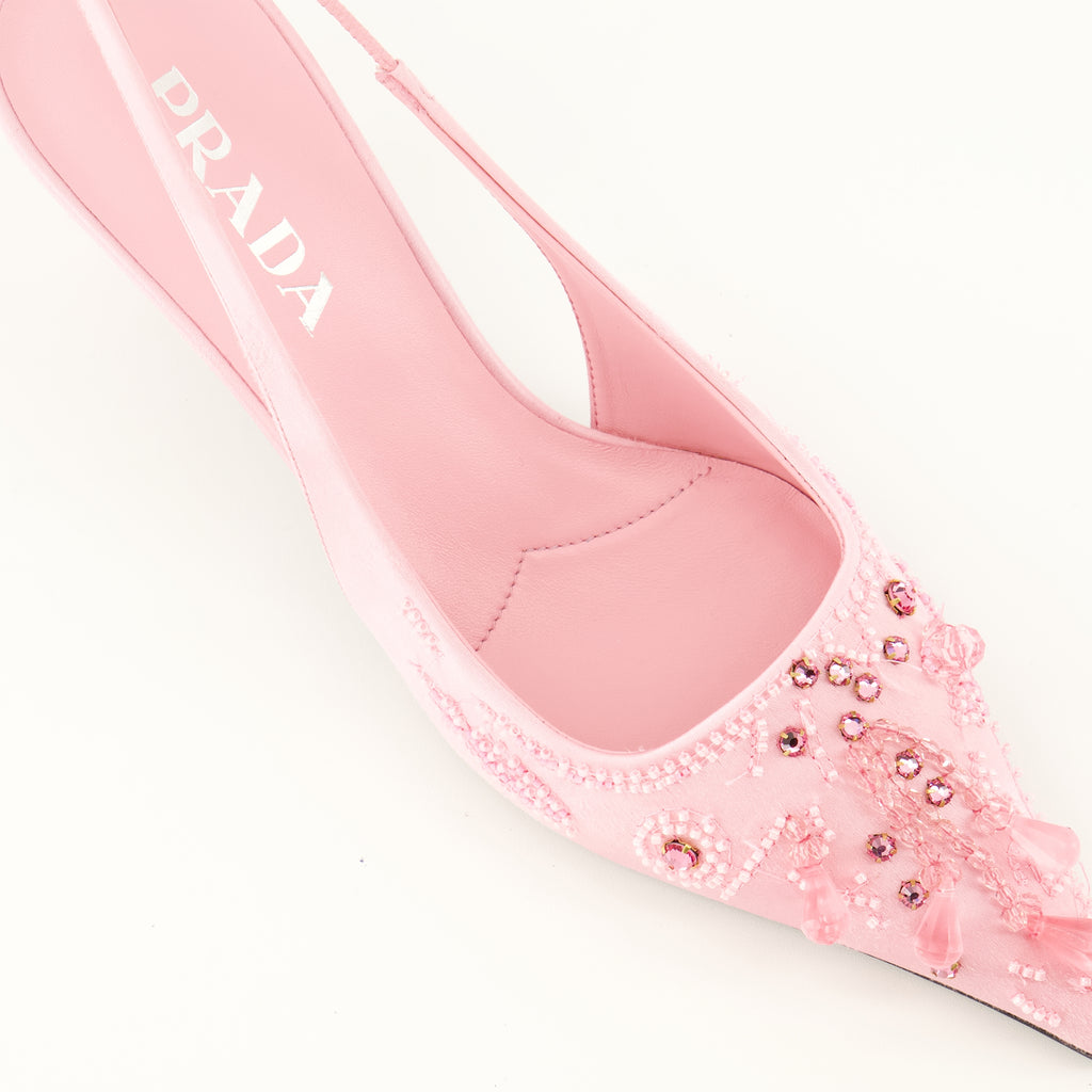 Escarpins Salto Bebé de Seda Bordado Rosa Prada Rose Femme