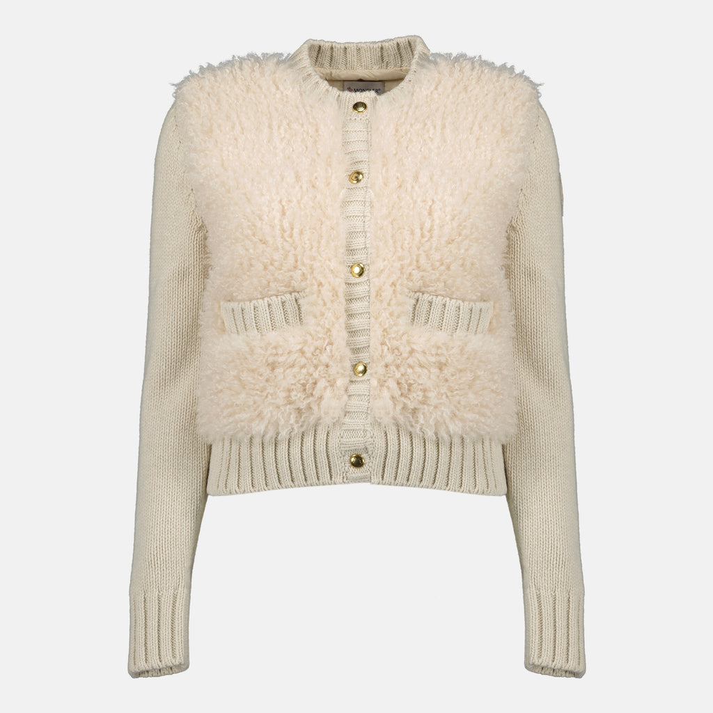 Image de l'article Cardigan en laine et teddy beige de la marque Moncler pour Femme - Saison Automne-Hiver 2025 - Vue de Face