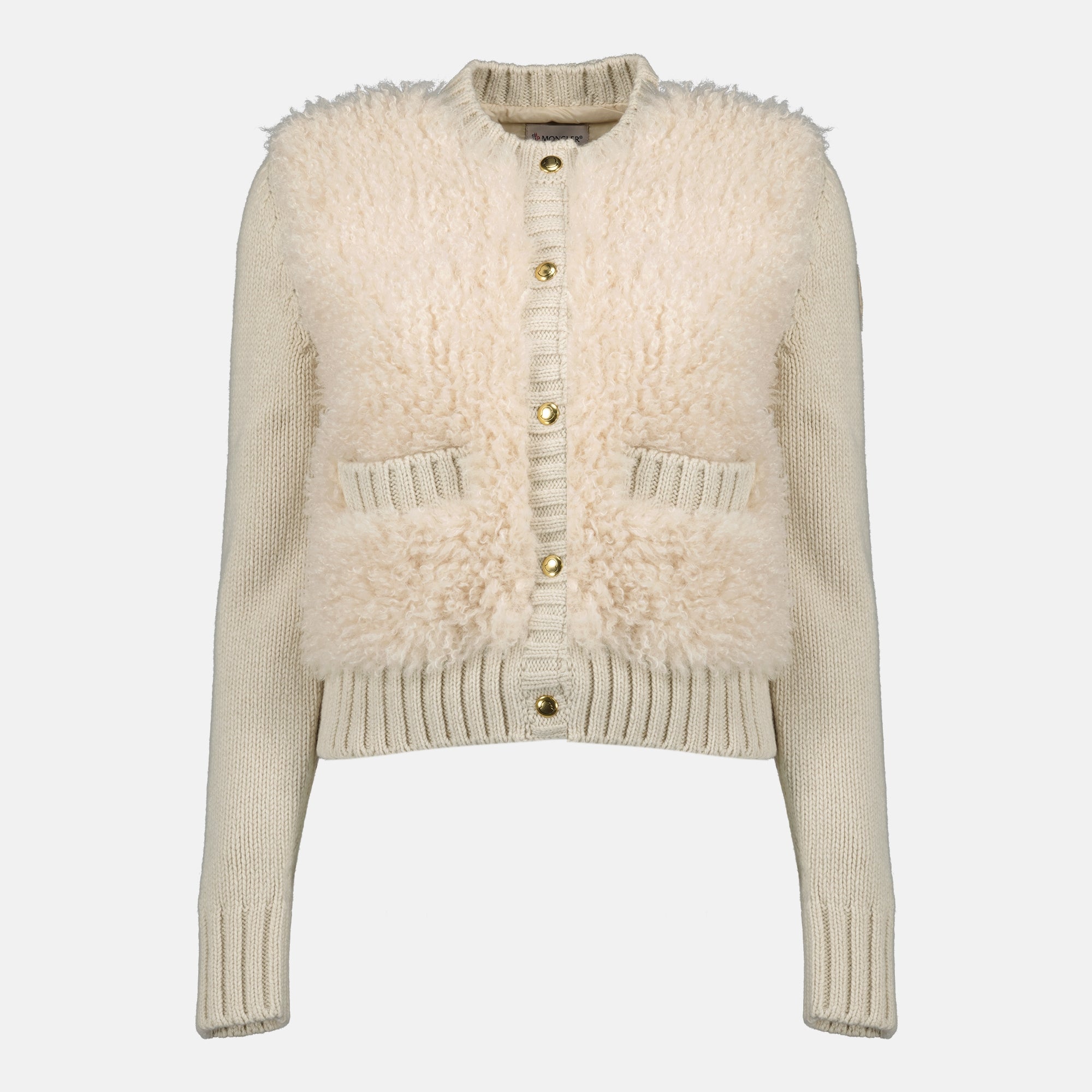 Image de l'article Cardigan en laine et teddy beige de la marque Moncler pour Femme - Saison Automne-Hiver 2025 - Vue de Face