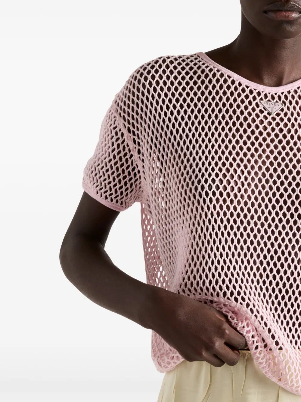 T-shirt Top in Mesh di Cotone Prada Rosa Femme