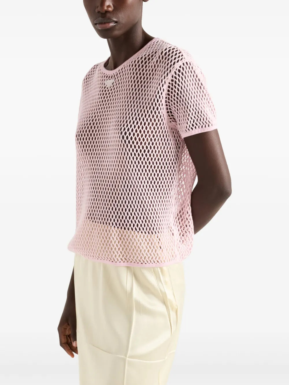T-shirt Top in Mesh di Cotone Prada Rosa Femme