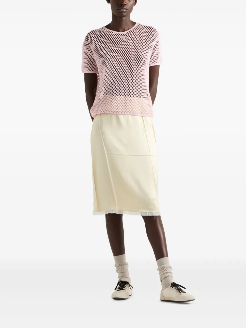 T-shirt Top in Mesh di Cotone Prada Rosa Femme