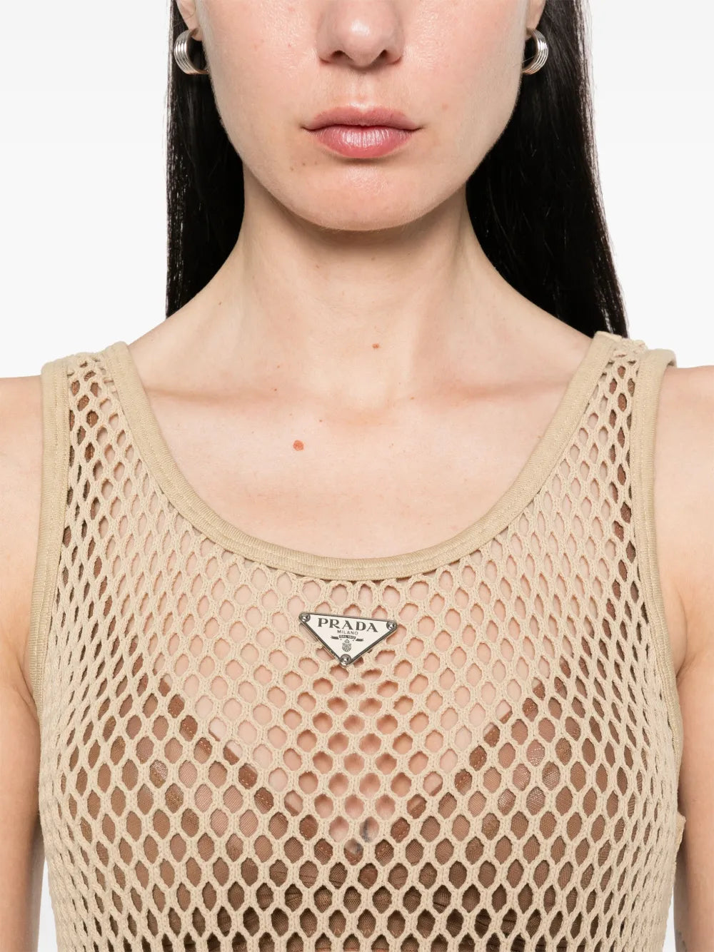 Top Canottiera in Mesh di Cotone Prada Beige Femme
