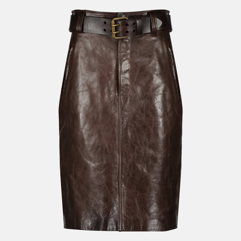 Image de l'article Jupe crayon en cuir marron de la marque Saint Laurent pour Femme - Saison Printemps-Été 2026 - Vue de Face