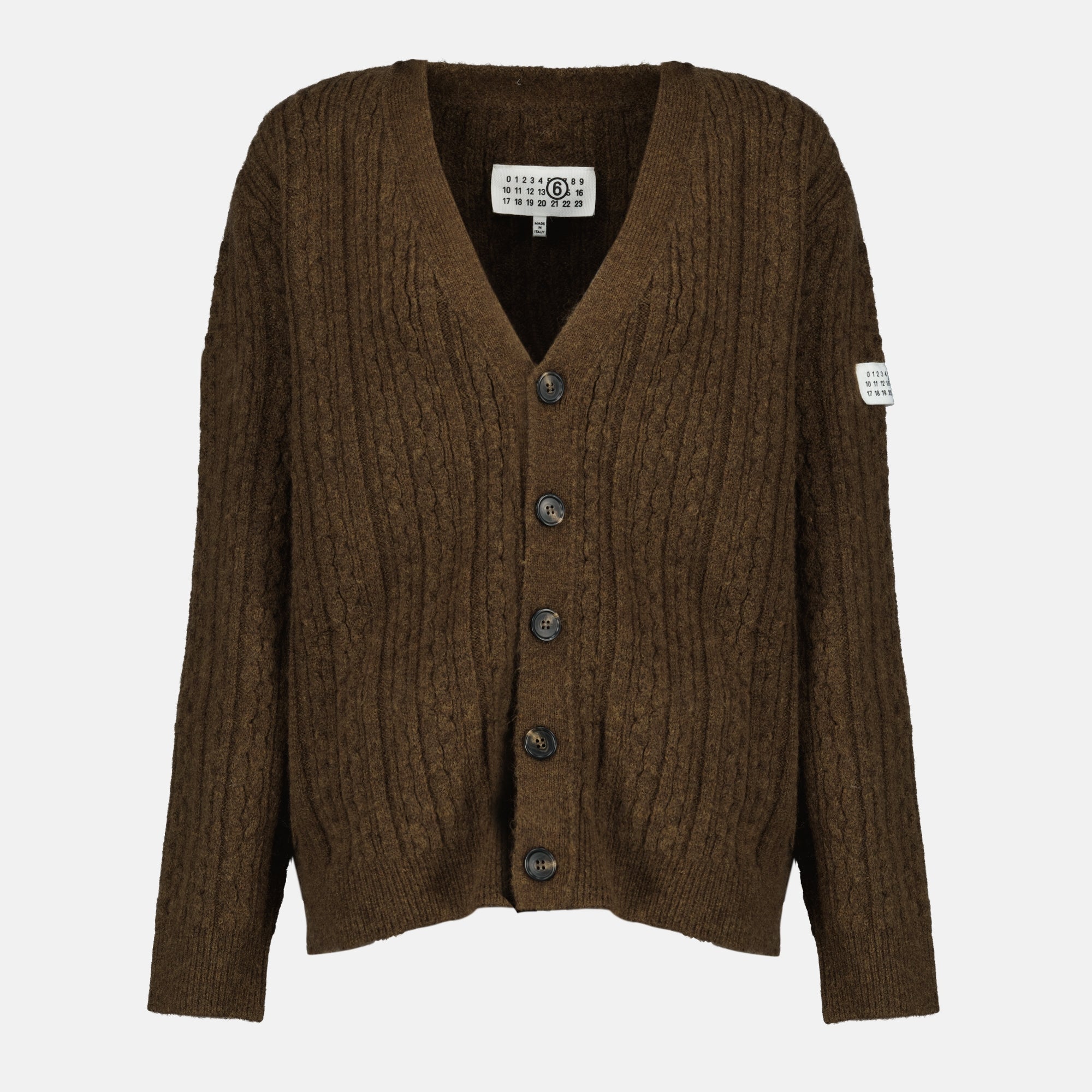 Image de l'article Cardigan en laine côtelée marron de la marque Mm6 pour Femme - Saison Automne-Hiver 2025 - Vue de Face