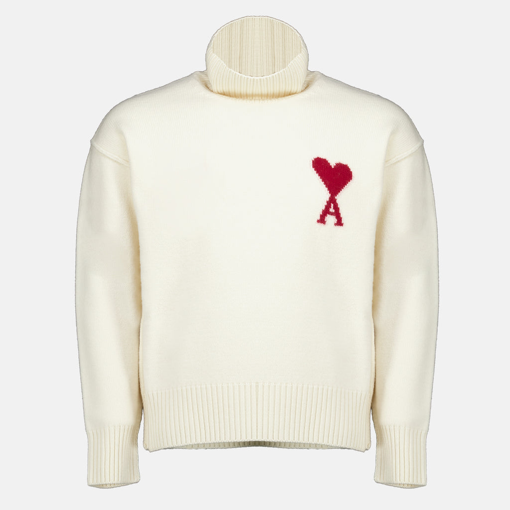 Maille Maglione Collo Alto Bianco AMI Heart Ami PARIS Blanc Unisexe