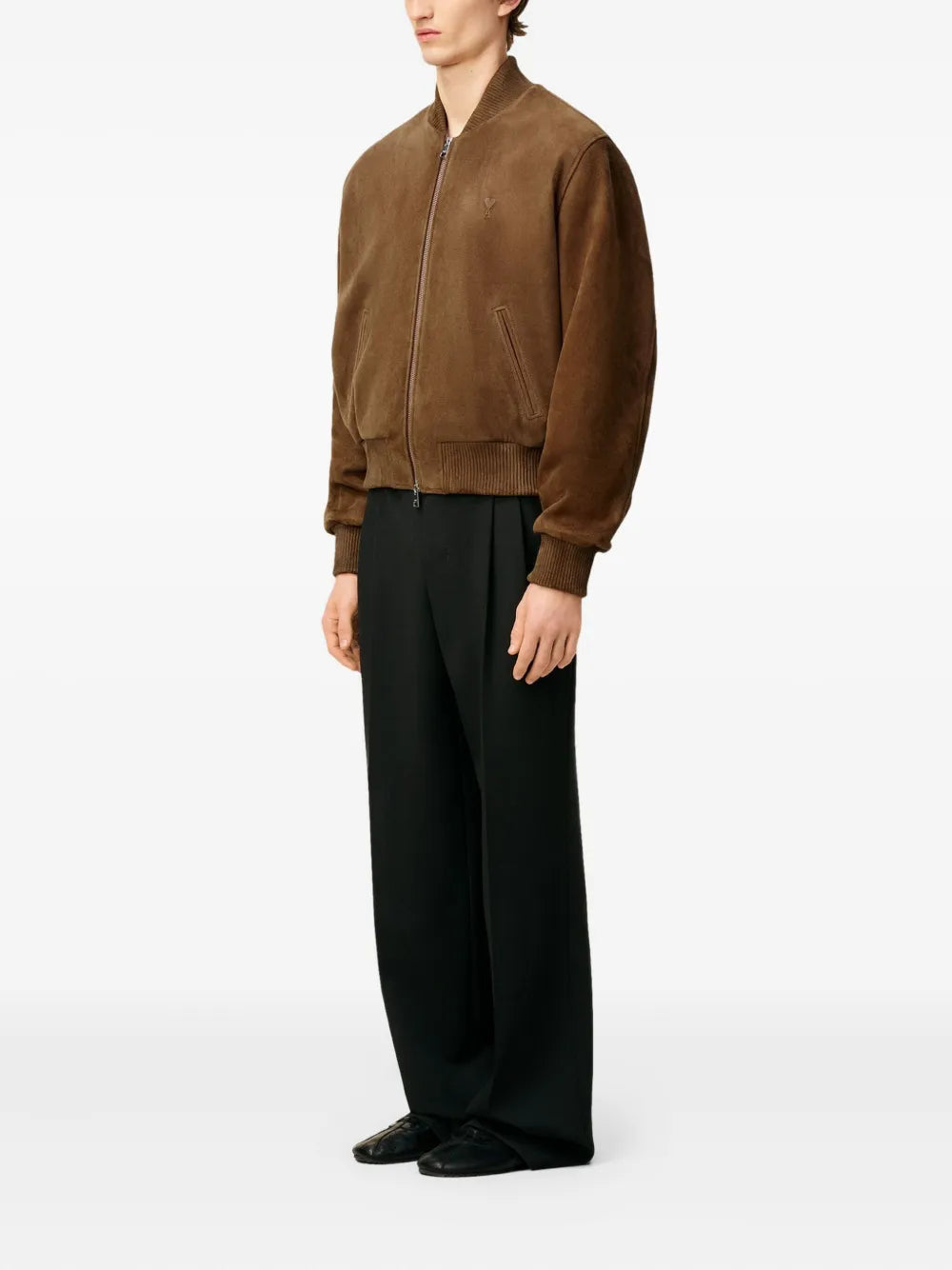 Image of the Ami PARIS Suede Leather Bomber Jacket for Men - Fall-Winter 2025 - Detailed View_1