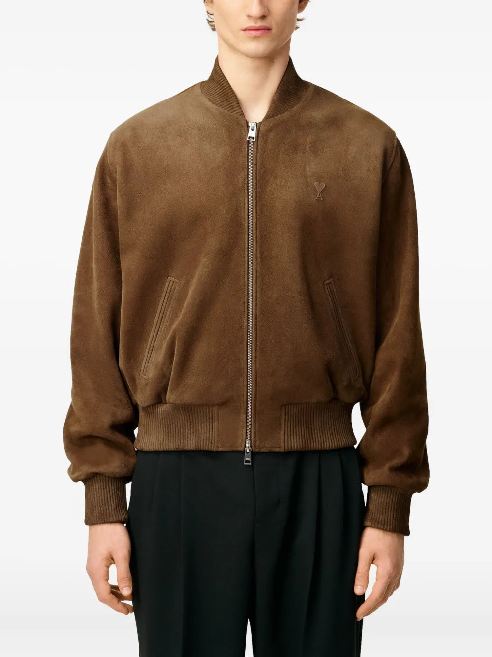 Image of the Ami PARIS Suede Leather Bomber Jacket for Men - Fall-Winter 2025 - Detailed View_5
