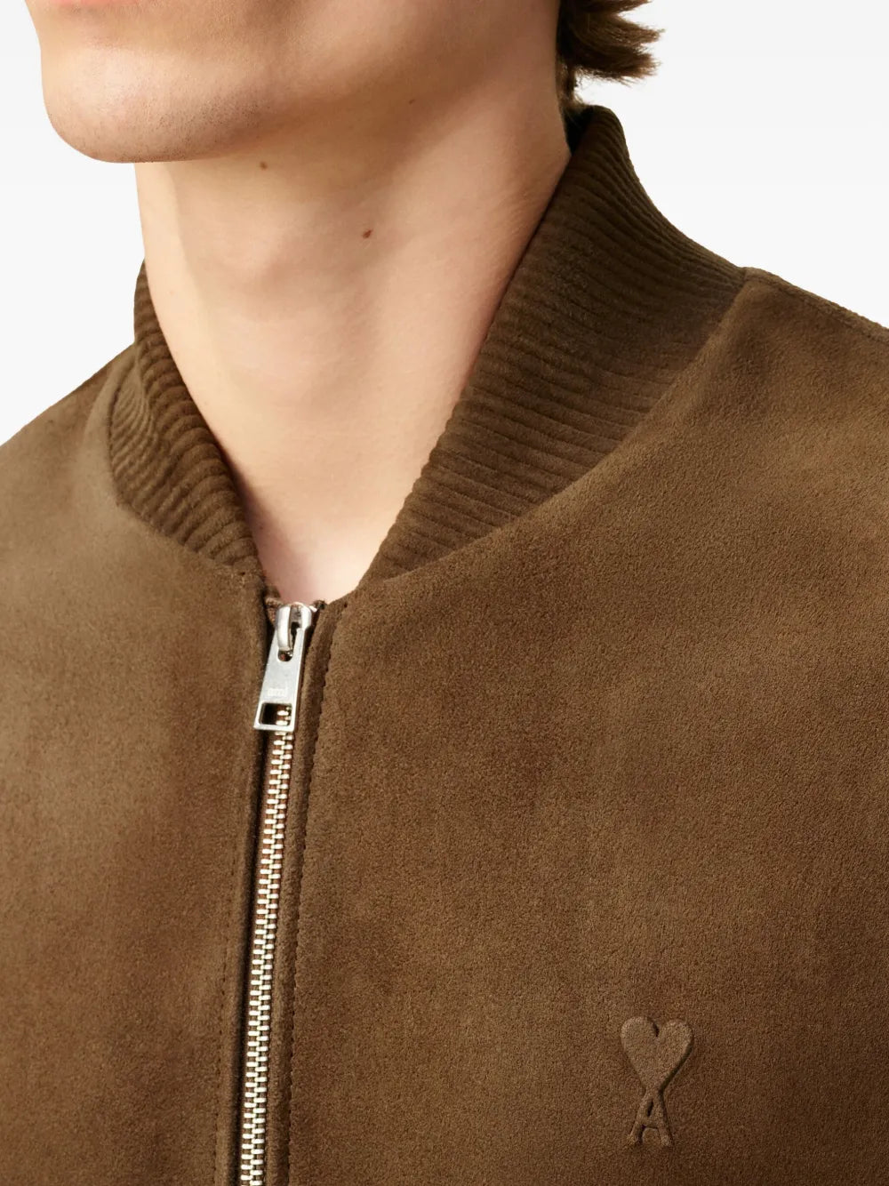 Image of the Ami PARIS Suede Leather Bomber Jacket for Men - Fall-Winter 2025 - Detailed View_7