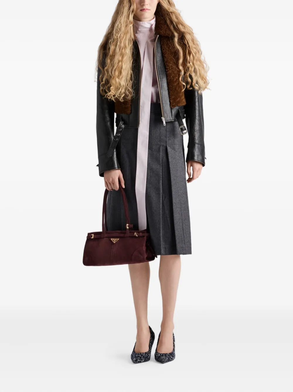 Image de l'article Blouson en cuir et laine de la marque Prada pour Femme - Saison Automne-Hiver 2025 - Vue de Dos