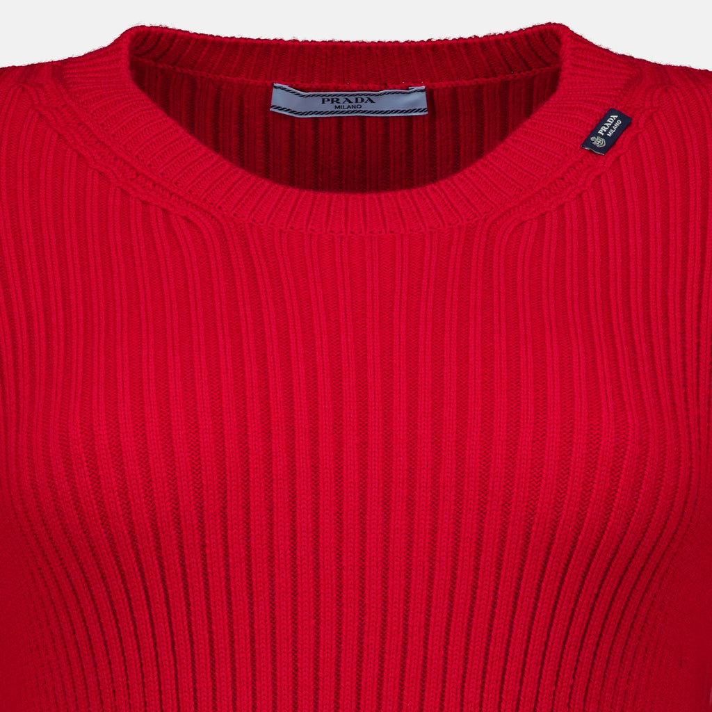 Maille Sweater de Malha Canelada de Manga Curta em Vermelho Prada Rouge Femme
