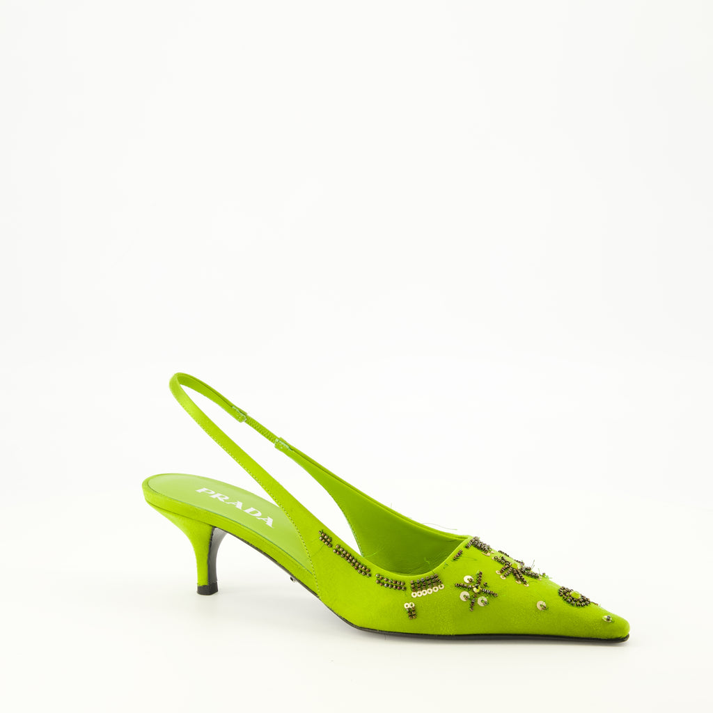 Escarpins 녹색 자수 새틴 베이비스 힐 Prada Vert Femme