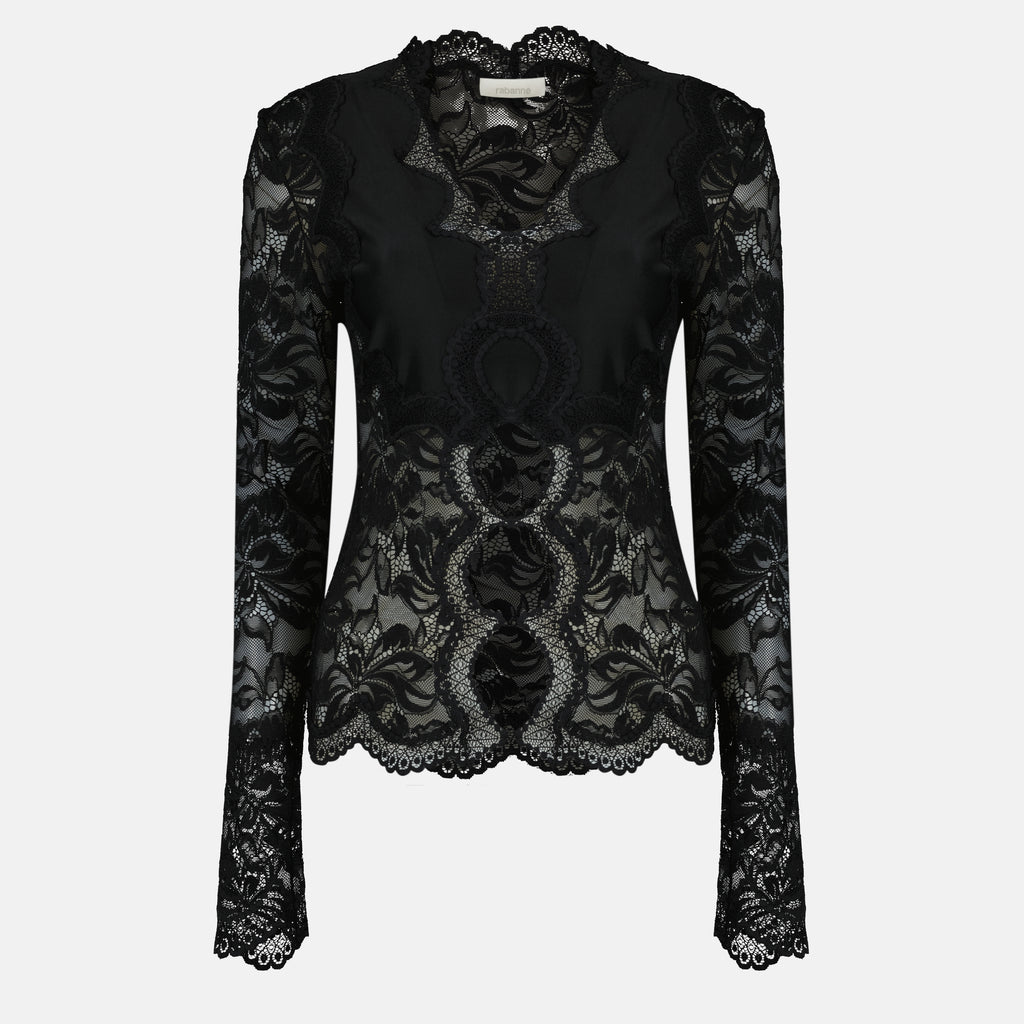 Imagen de la blusa de encaje y jersey negro de la marca Rabanne para Mujer - Temporada Primavera-Verano 2026 - Vista Frontal
