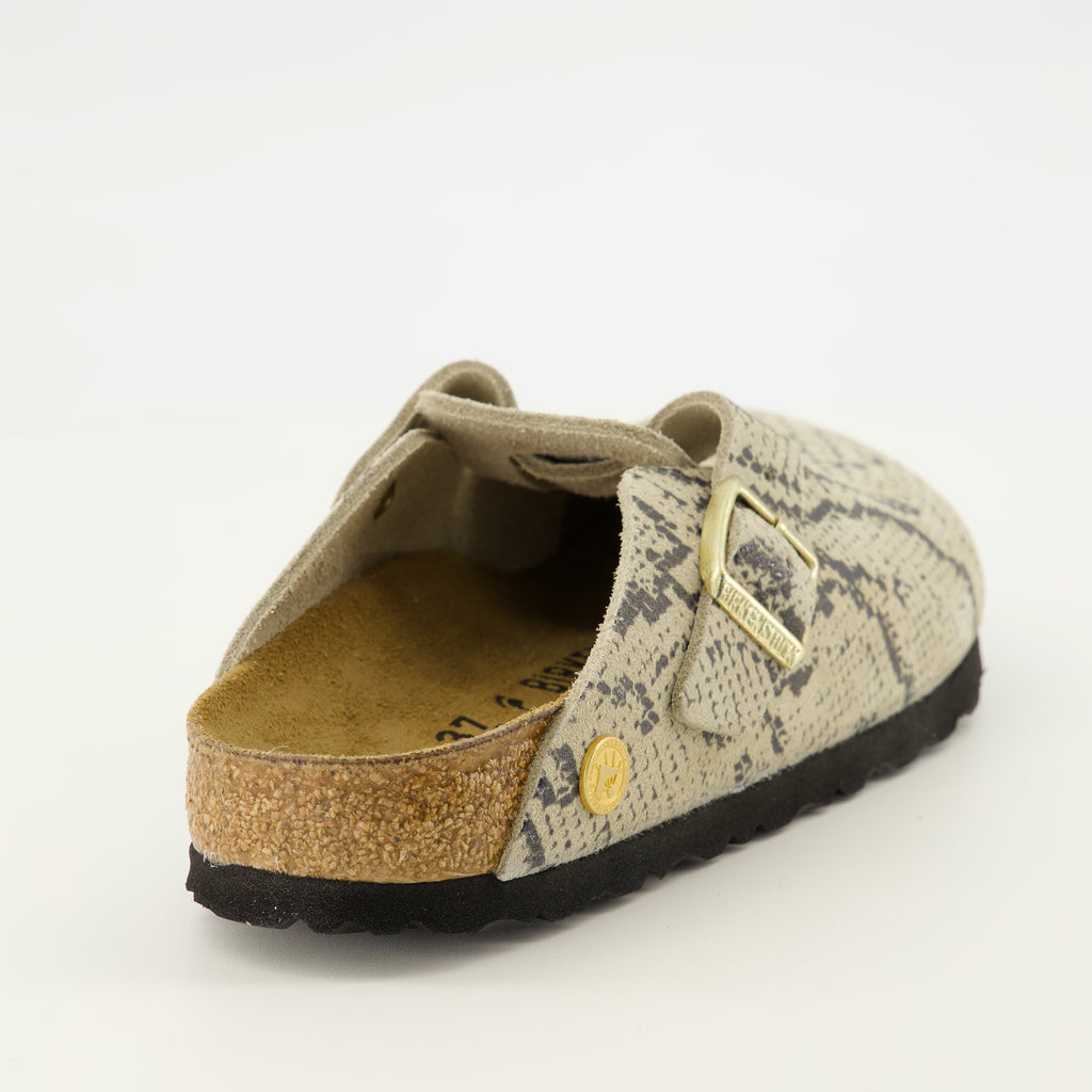 Chaussures ouvertes Mules Boston à motif serpent Birkenstock Beige Femme