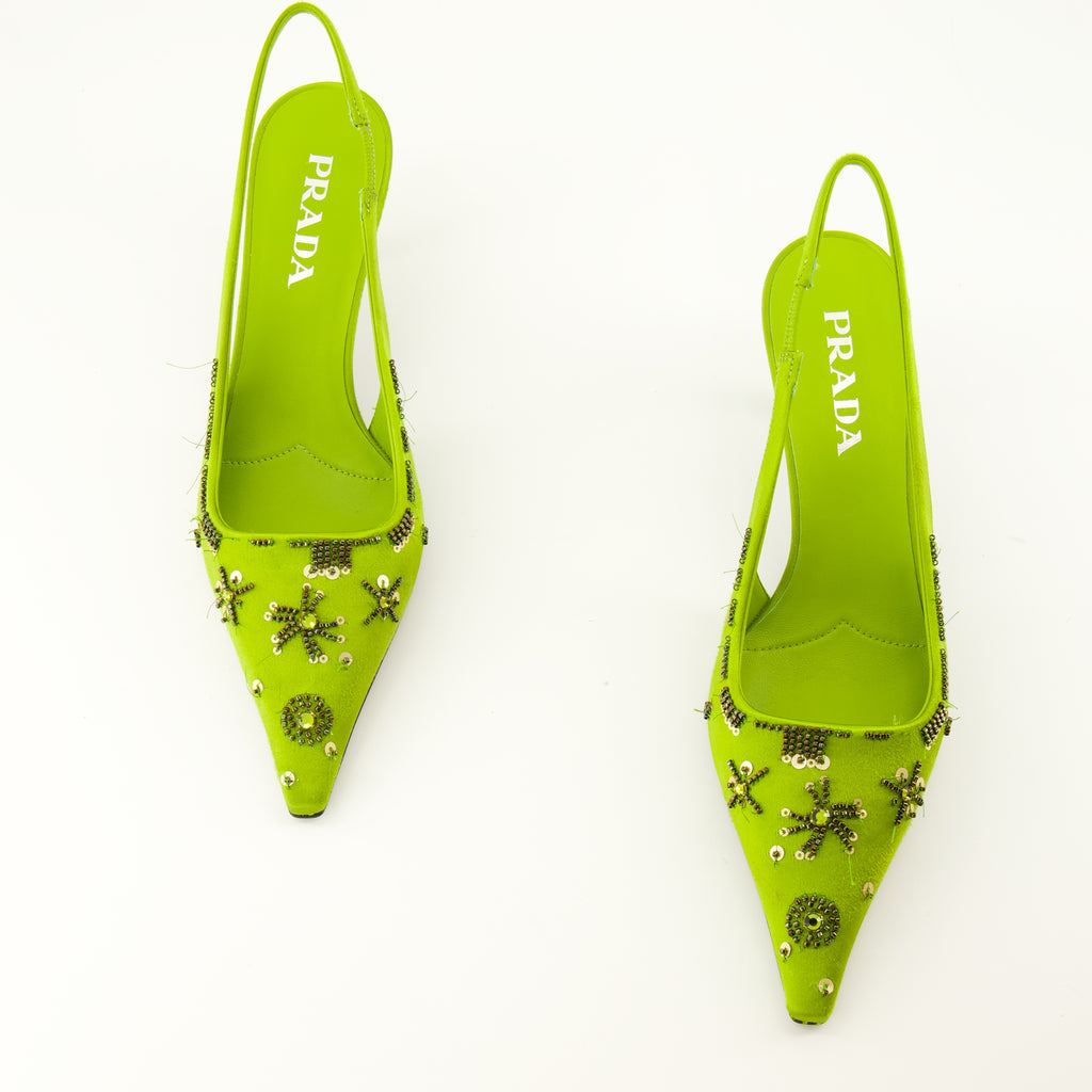Escarpins 녹색 자수 새틴 베이비스 힐 Prada Vert Femme