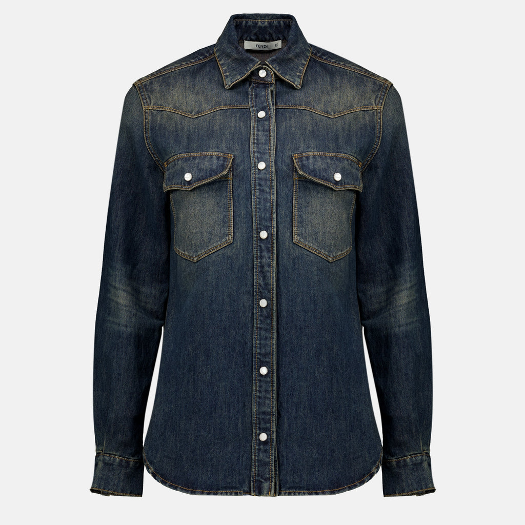 Chemises Chemise en denim bleu délavé Fendi Bleu foncé Femme