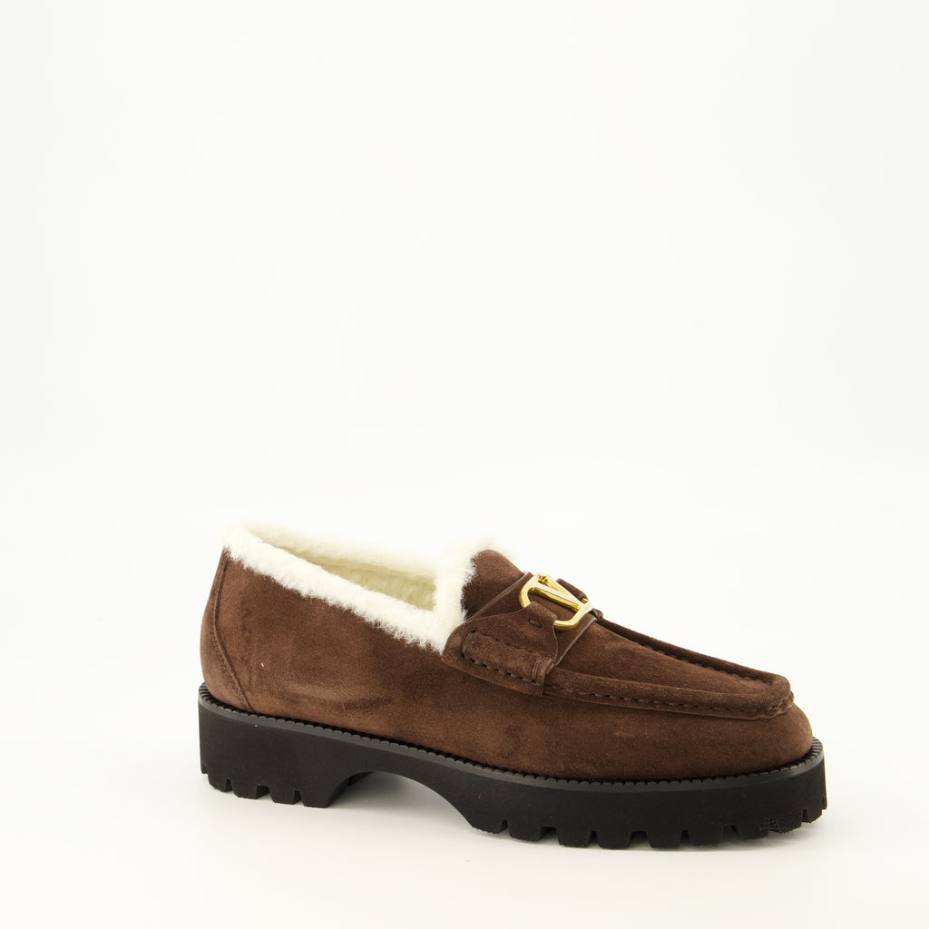 Mocassins Vlogoスエードとファーのローファー ブラウン Valentino Garavani Marron Femme