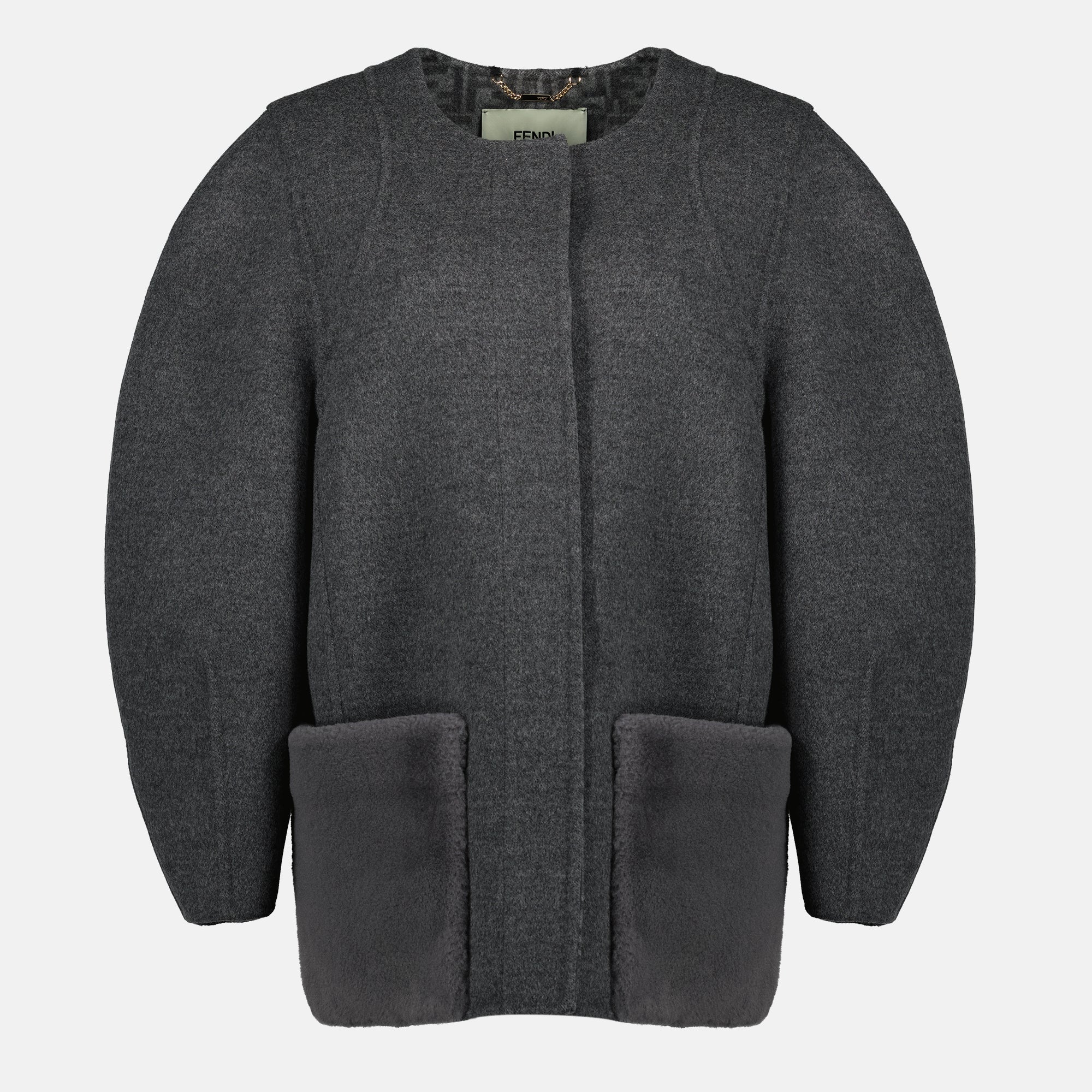 여성을 위한 펜디 브랜드의 회색 FF 울 코트 이미지 - 2025년 가을-겨울 시즌 - 정면 보기