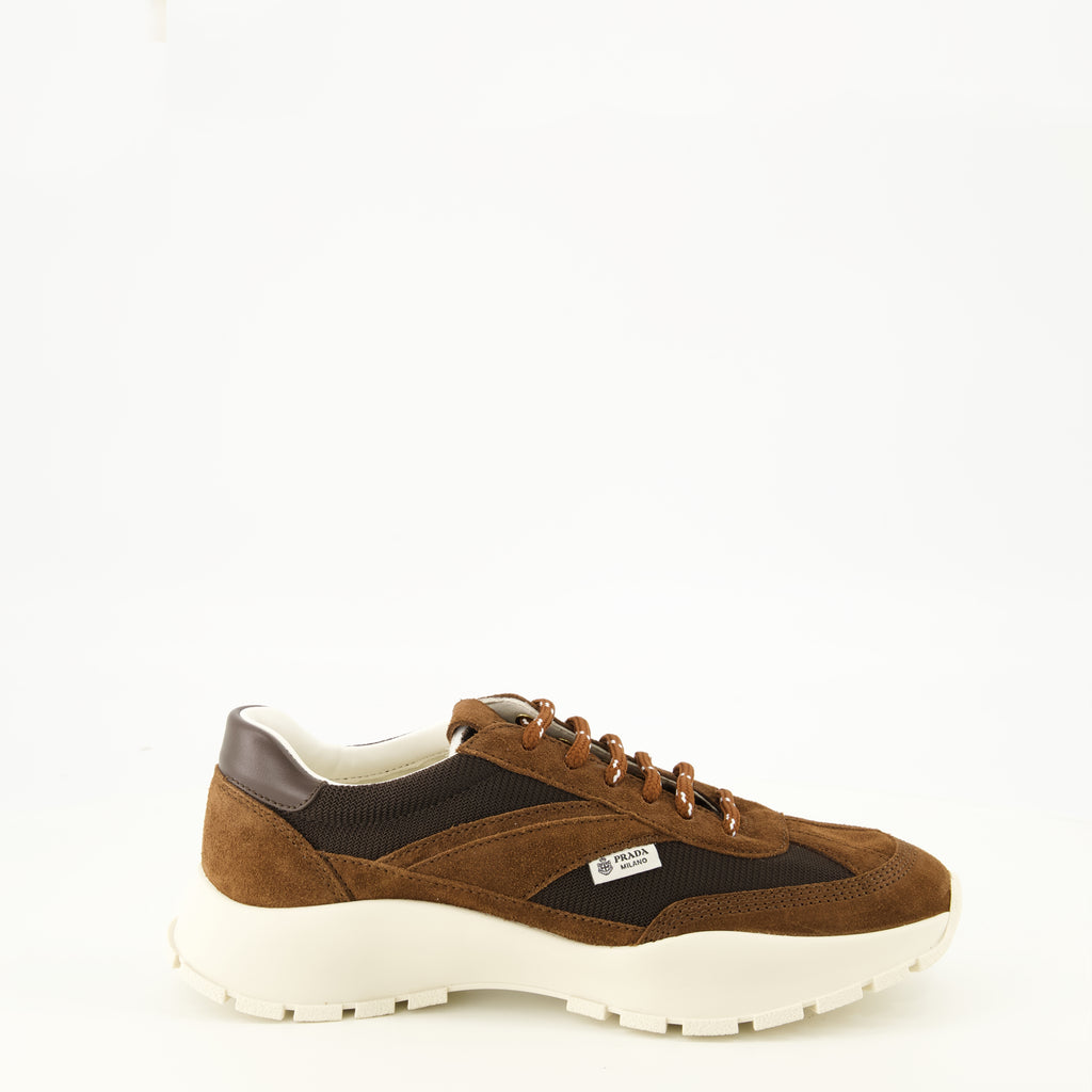 Baskets Sapatilhas de Malha e Camurça Castanhas Prada Marron Femme
