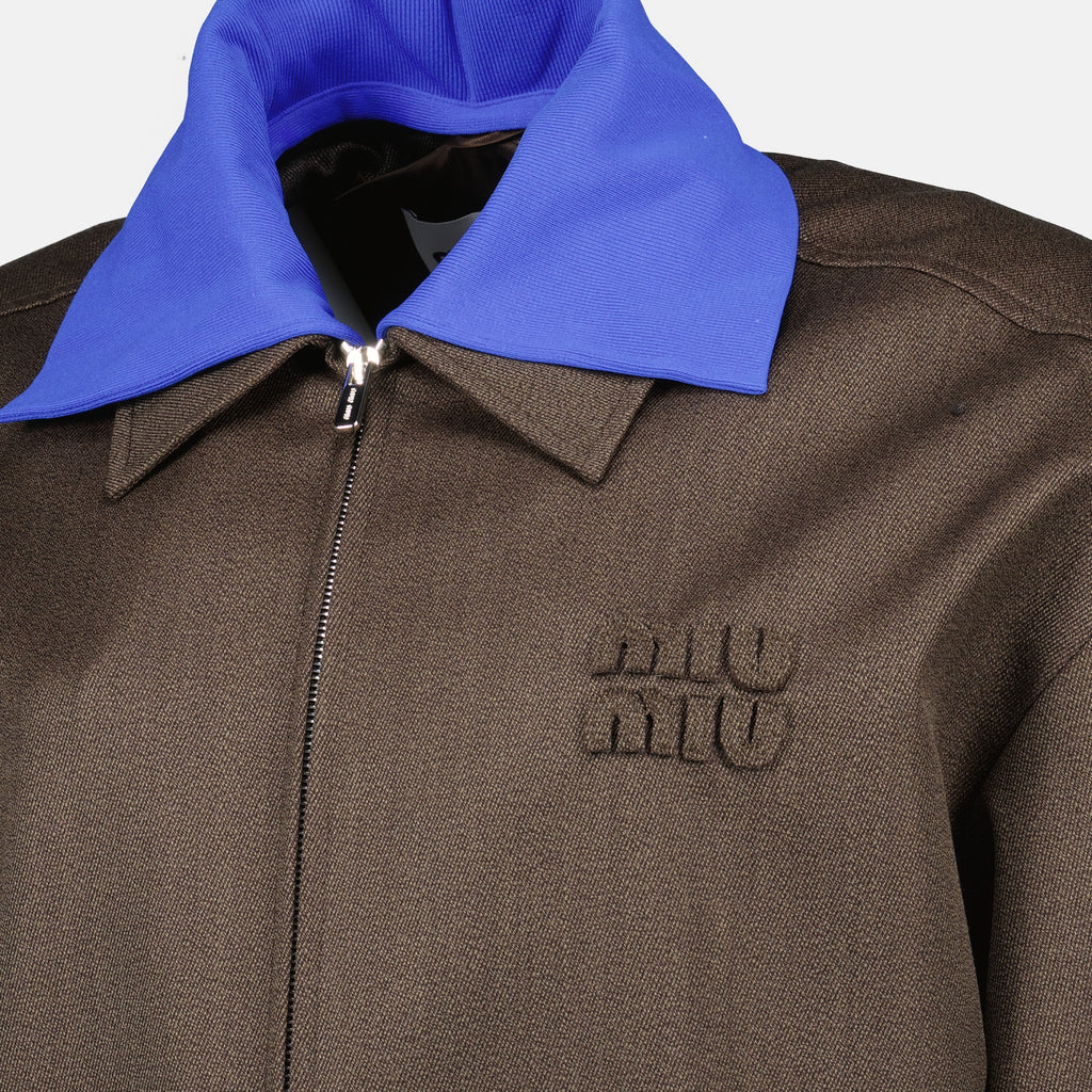 Image of the brown wool jacket from the brand Miu Miu for Women - Spring-Summer 2026 - Detailed View_2