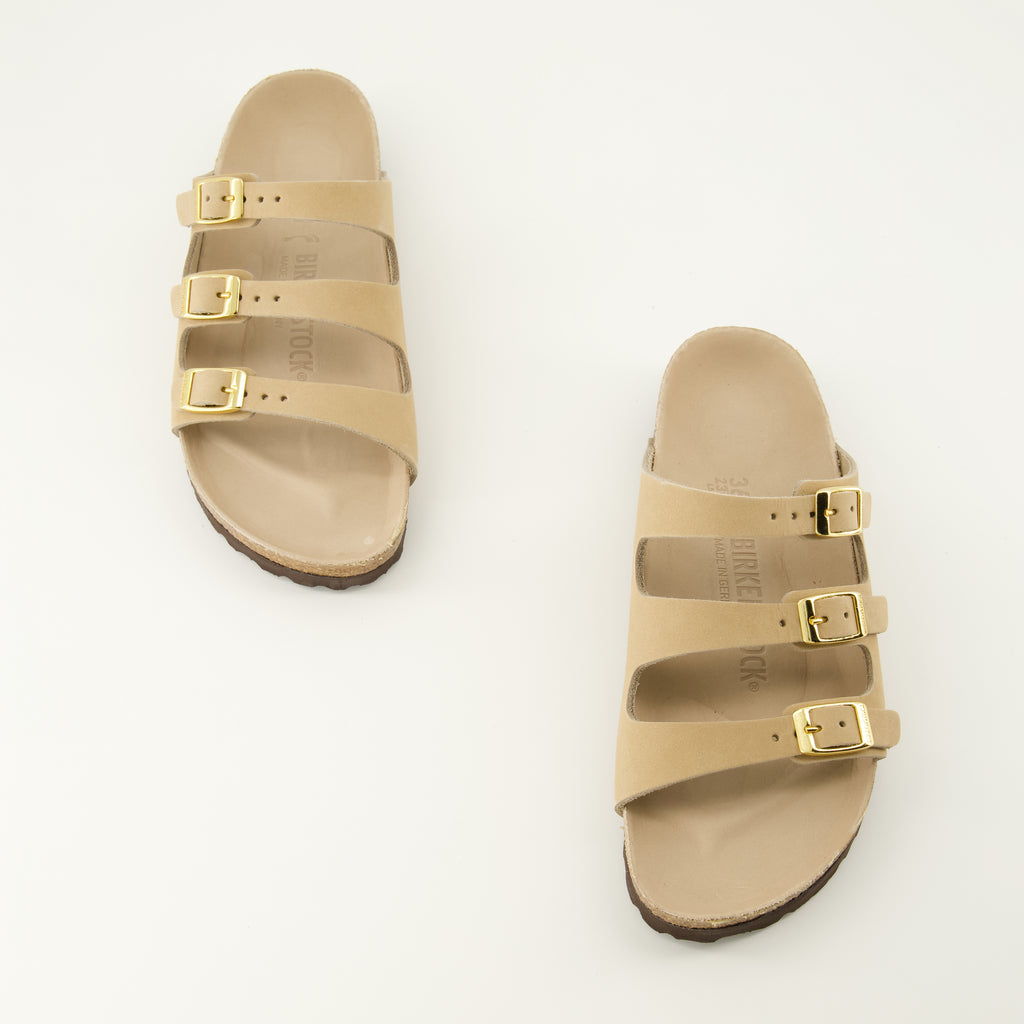 Image of the Beige Nubuck Leather Florida Sandals by Birkenstock for Women - Spring-Summer Season 2026 - Top View of Shoe Pair