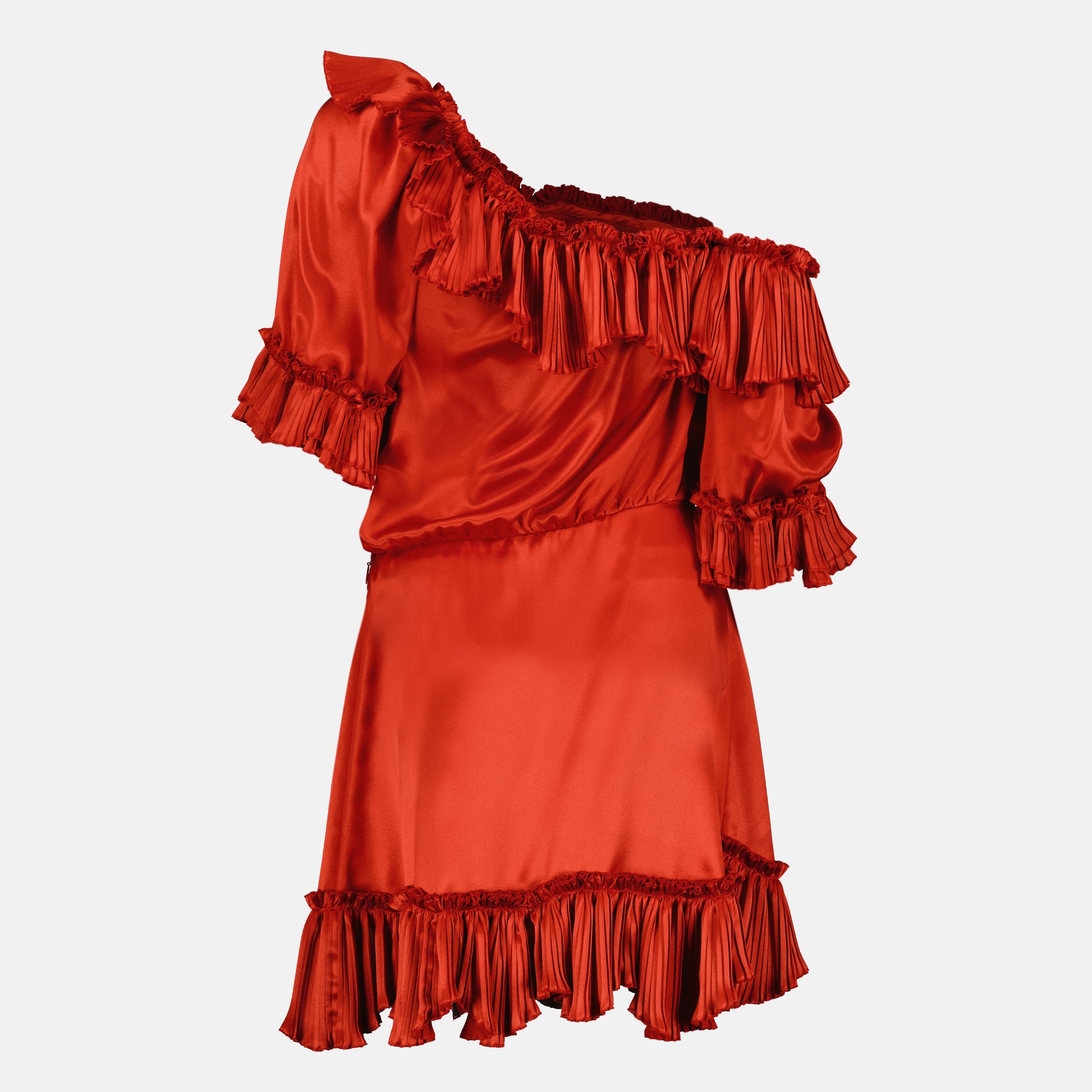 Image de l'article Robe à volants en satin rouge de la marque Saint Laurent pour Femme - Saison Printemps-Été 2026 - Vue de Dos